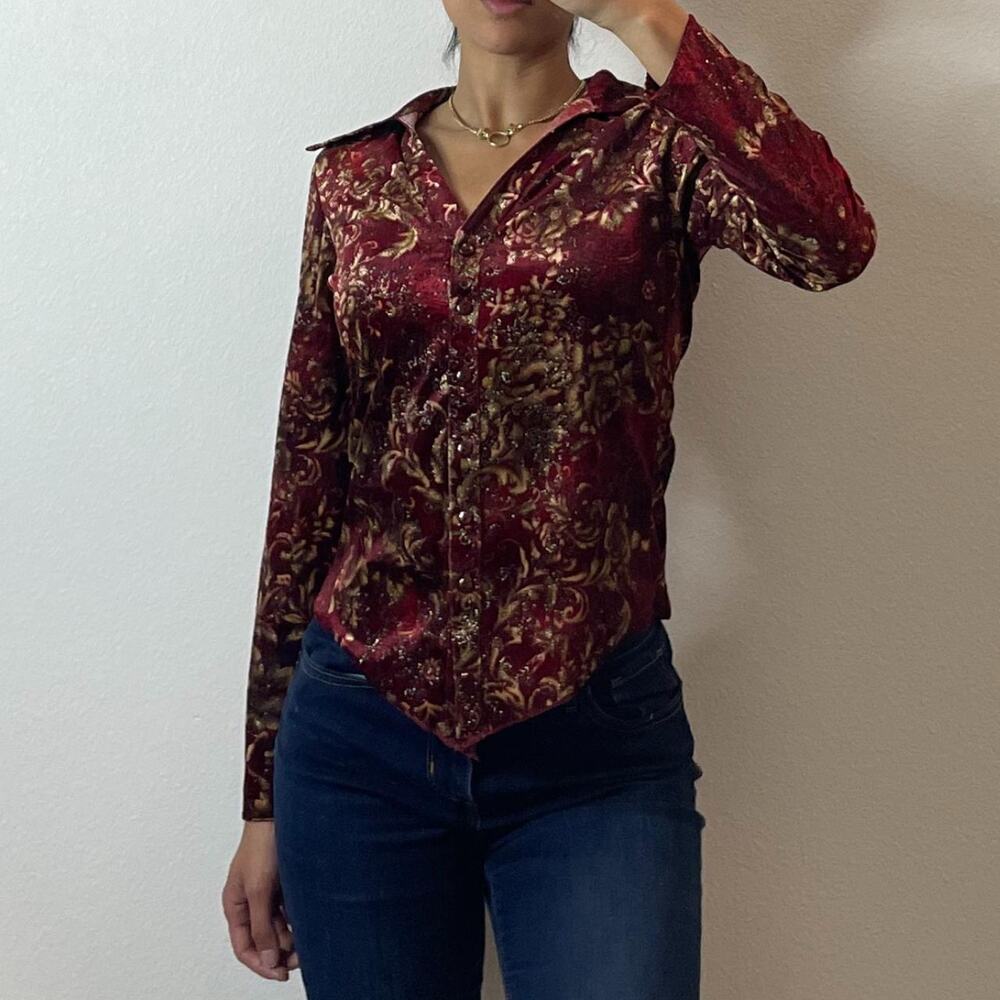 Vintage Red Velvet Floral Buttoned Shirt with Glitter